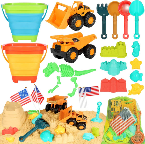 HUITEM Beach Sand Toys for Kids, 29PCS Sandbox Toys with 2 Collapsible