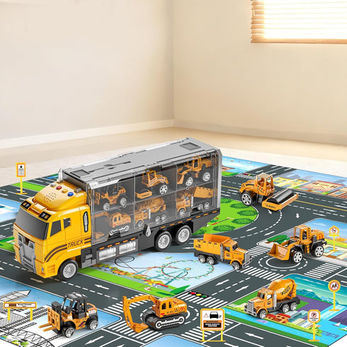 NIPLOOOW Set 3-5, 3-8 Toddler Boys Construction Truck Vehicle Toy with Play Mat and Die-Cast Toy Car, Transport Carrier