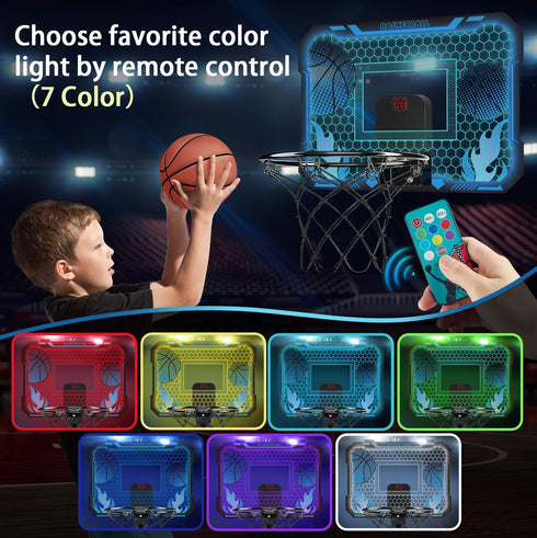Indoor Basketball Hoop for Kids, Mini Hoop with Remote Control, 7-Color LED Lights & 3 Balls, Over Door