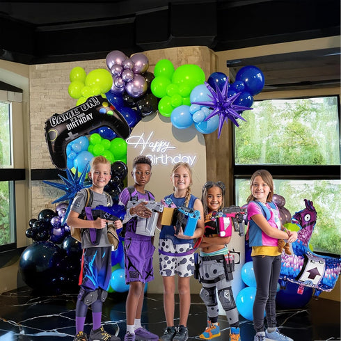 Video game balloon garland arch kit 140pcs purple blue green black balloons with Diy star controller mylar balloon for gamer night Birthday party decorations