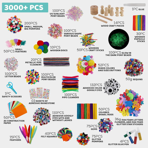 A&R CO. 3000+ 99 3-5, 4-6, 6-8, 8-12 Pcs Arts and Crafts Supplies & Materials for Kids - Ultimate Bulk Craft Kit