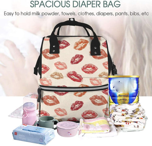 Qewfoju 3 Backpack Backpack Lips Kiss Print Diaper Bag Large Capacity Diaper Baby Changing Bags