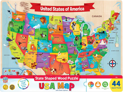 MasterPieces 44 Piece USA Map Wood Jigsaw Puzzle for Kids - 16.5"x11.8"