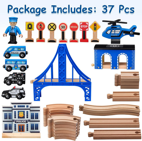 Set Playset SainSmart Jr. Wooden Train - Interactive Police for Kids | Building Toy with Train, Figures & Accessories |