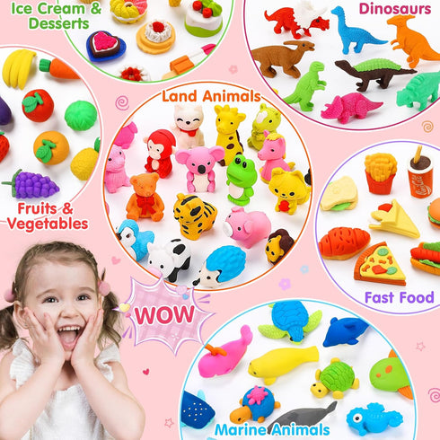 80PCS Mini Animal Erasers for Kids, Bulk Small Toys, 3D Cute Desk Pets, Classroom School Supplies, Party Favors