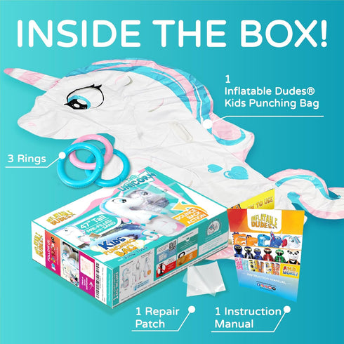 Unicorn 47 Inches Kids Punching Bag, Filled with Sand, Party Bop Bag, Ring Toss with 3 Inflatable Rings