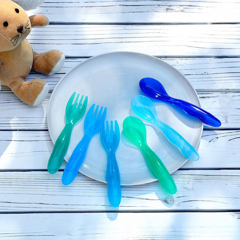 Youngever 18 Pcs Plastic Toddler Utensils, Large Size Kids Forks and Spoons, Set of 9 in Coastal Colors
