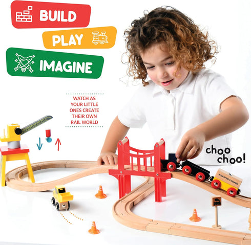 Play22 Set 38 Set 3-4 Wooden Train Toddler Toys - Pieces Wood Train Track for Toddlers Years with Crane, Bridge