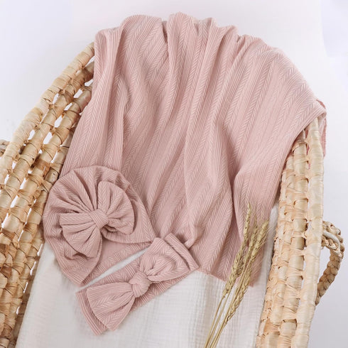 OMUKY Newborn Receiving Blanket, Bow Headband and Beanie Set, Baby Swaddle Wrap for Boys and Girls, Pink