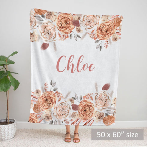 Lovable Gift Co (50 60 Caramel Boho Floral Personalized Baby Girl Blanket, Custom Name Gift x Toddler/Kids)