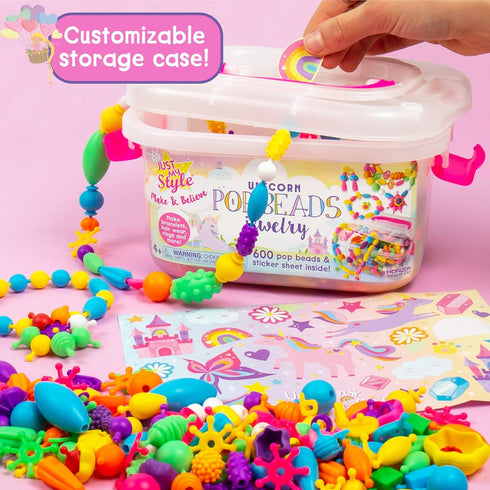 Just My Style Make & Believe Unicorn Pop Beads, 500+ Snap-Together DIY Bead Kit for Girls, Great Travel Activity