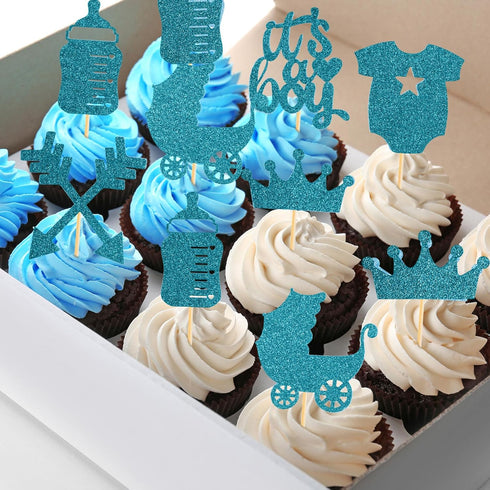 Boao 48 Pieces Glitter Cupcake Toppers for Baby Shower - It's a Boy Jumpsuit, Bodysuit, Carriage, Crown, Arrow Picks