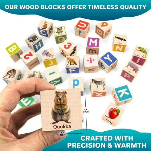 Quokka Montessori Wooden Blocks, 35 Realistic ABC Learning Baby Blocks for Toddlers 1-3, Stacking Alphabet Wood Toys