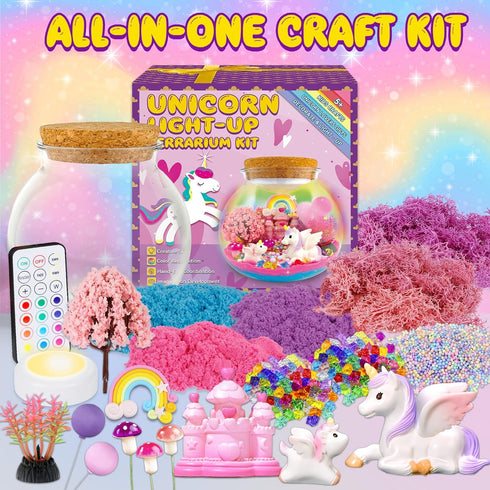 7july Ages5 6 7 8 9 10 Unicorn Terrarium Crafts Kit for Kids-LED Night Light Up & Remote Unicorn Birthday Gifts Toys