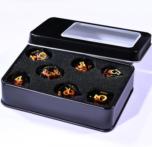 AUSTOR 7 Die DND Dice Set: 7 Pieces Red Flame Dragon Resin Dice with Case