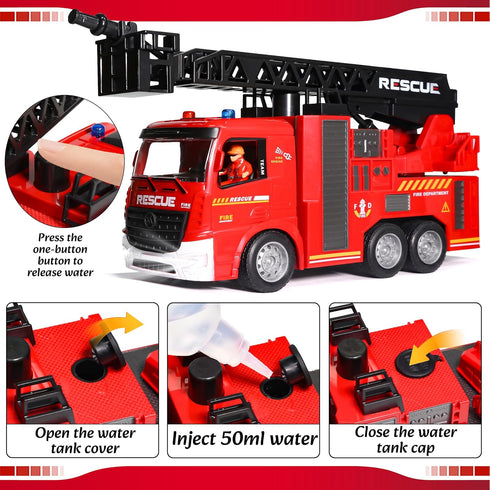 MQDMINI 3 Remote Control Fire Truck Toy - Fireman Fire Truck with Jet Pump and Lights, Red Toy for Year Old Boys, Girls