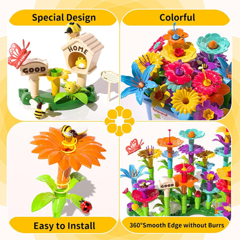TEMI 138 PCS Educational STEM Toy and Preschool Garden Play Set for Kids Age 3-7 - Flower Stacking Toys