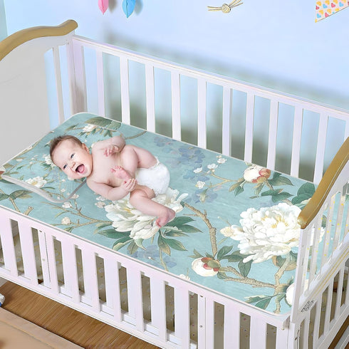 SyXIOP 28" 52" Chinese Style White Peony Cooling Baby Crib Mattress Cover x Absorbent Crib Padding for Sides for Kids
