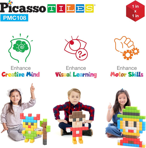 Picasso Cubes 1” Magnetic Puzzle Cubes, 108 Piece Building Block Set for Early Education STEM Learning