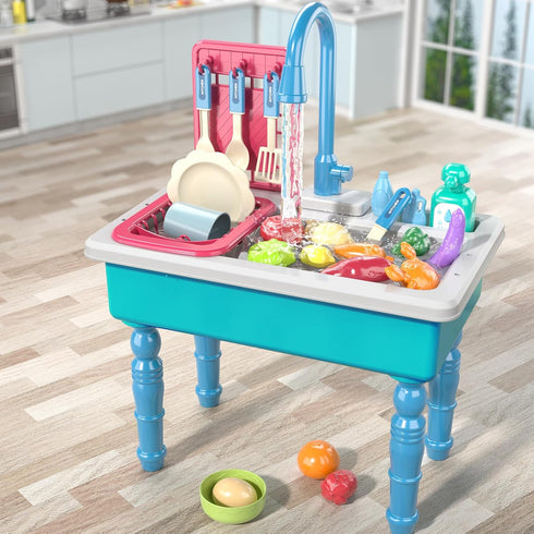 SmartChef Set Set Play Kitchen Sink Toys, Blue Electric Dishwasher Playing Toy with Running Water, Play Food