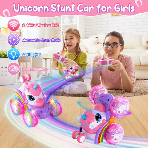 SUMEAUT 360 4WD 2.4GHz 3-6 7-9 (LY-018) Remote Control Car Unicorn for Girls Rotating Stunt RC Cars with Cute Cool LED