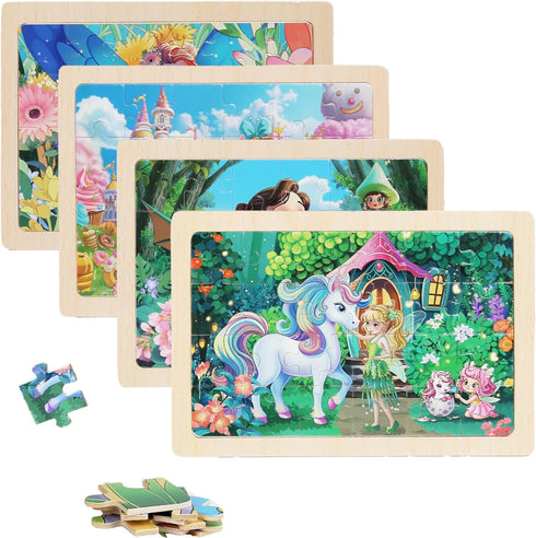 MAX JHQIQU 4 Sets of Wooden Puzzles, Each Set has 24 Pieces, Including Castle