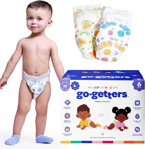 Happy Hues Go-Getters Disposable Diapers Size 6, 35+ lbsBaby Diapers with Shea