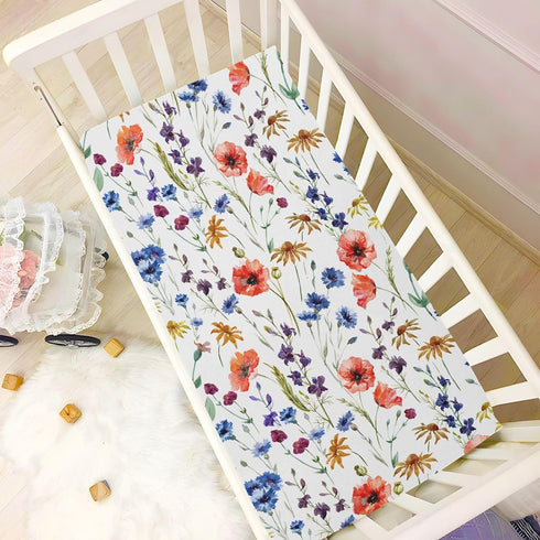CaTaKu 27"x 39" Crib Sheets for Girls & Boys - Wildflowers Poppy Baby Sheets, Neutral Toddler Mini Crib Mattress Sheets