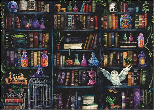 Larkipuzz 1000 Magic Book Library Puzzles for Adults Pieces, Funny Halloween Bookshelf Jigsaw Puzzle, Difficult Bottle
