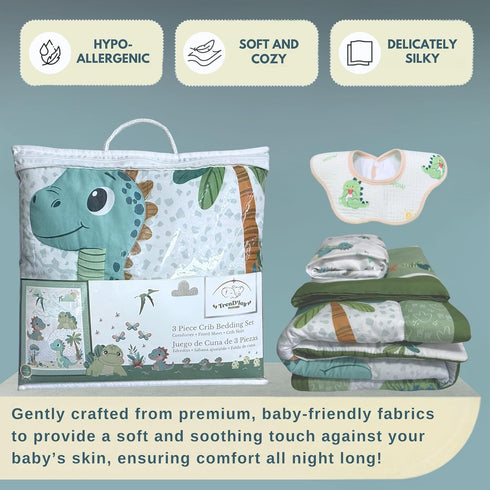 TrenD'Lay 4 set set Piece - Includes Comforter, Fitted sheet, Crib skirt and Bib. Unisex Baby Dinosaurs Crib bedding