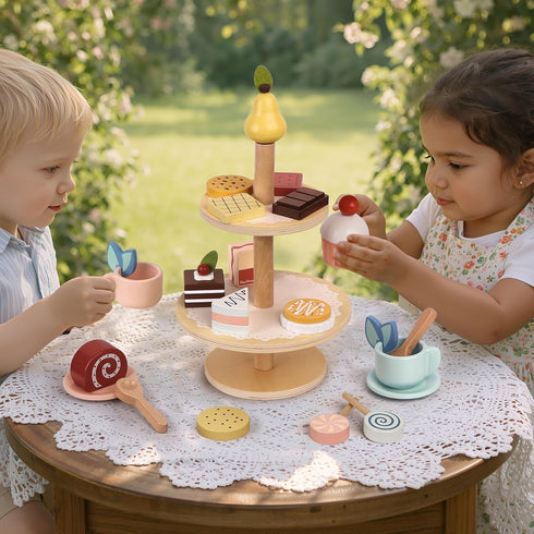 Set Playset Set PairPear Tea Party Dessert Stand -Wooden Toys Pretend Play Food Kitchen Accessories for Toddler Tea