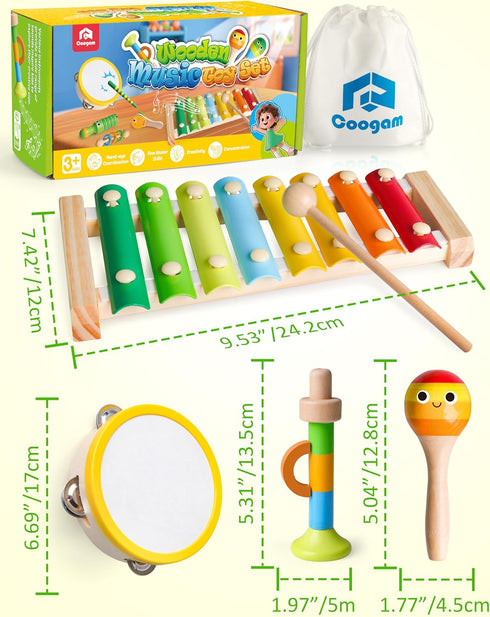 Playset, Coogam Wooden Musical Instruments for Toddlers, Tambourine Xylophone Castanet Flute Maracas Wood Percussion