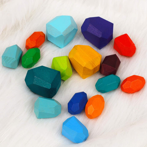 16 Pcs Colored Wooden Stacking Blocks, Solid Wood Rocks Building Toys for Kids Toddlers Educational Games