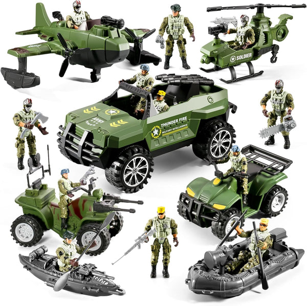 HOSPONY 78-in-1 Army Men Toys Sets with Realistic Military Truck/Helicopter/Kayak Boat/Motorcycle/Army Men Action
