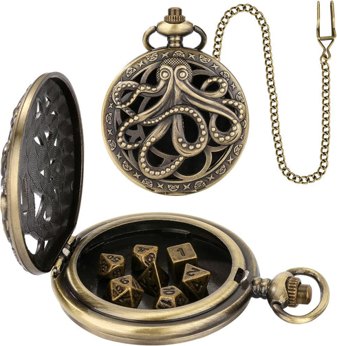 Mini DND Dice Set: 7pcs Polyhedral Metal D&D Dice with Steampunk Hollow Octopus Pocket Watch Shell Case