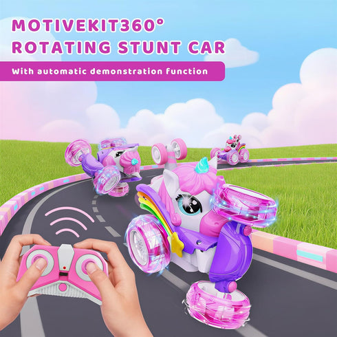 HudinFunC 360 Lights,4WD 3 4 5 6 Unicorn Remote Control Car for Girls, Rechargeable Rotating Stunt RC Car with LED