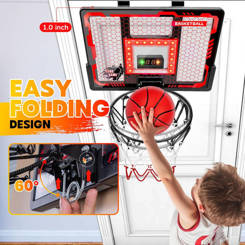 Indoor Basketball Hoop Toy for Kids - Pro Over The Door Basketball Hoop with LED Lights, Scoreboard & 4 Balls