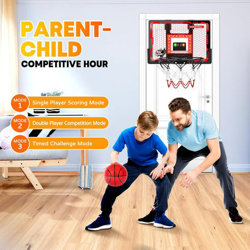 Indoor Basketball Hoop Toy for Kids - Pro Over The Door Basketball Hoop with LED Lights, Scoreboard & 4 Balls