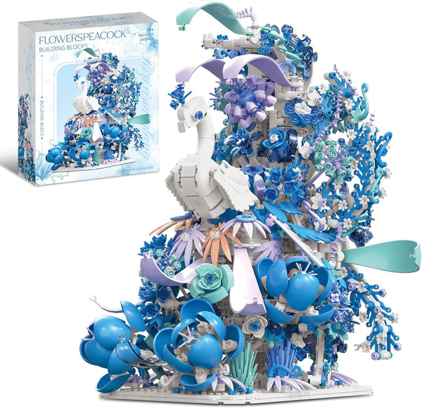 Blue Flowers Peacock Building Set for Adults - Creative Animal Botanicals Peacock