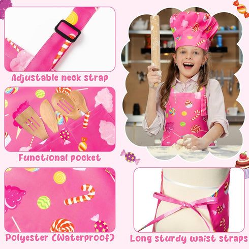 GROBRO7 4Pcs Set 2 Kids Apron and Chef Hat Gift for Girls Boys, Cookie Cupcake Candy Prints Kitchen Pretend Play Child