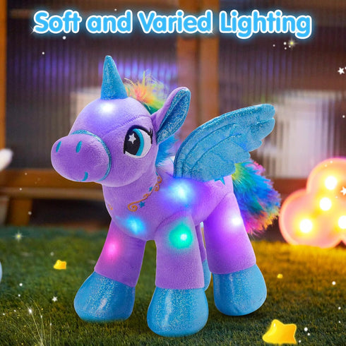 14'' Houwsbaby Purple LED Light Up Unicorn Stuffed Animal,Unicorn Plush Toy,Glowing Horse Plush Toy Night Light Glitter