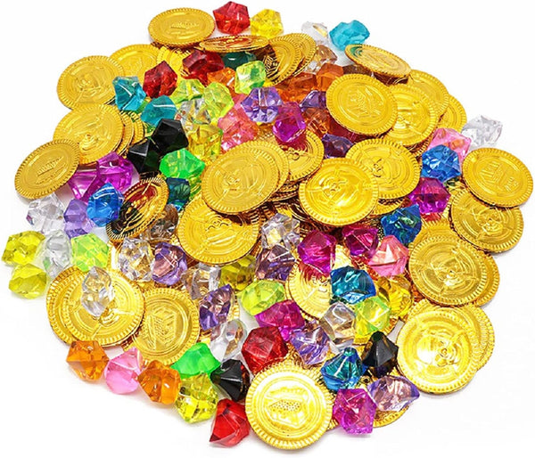 160pcs Plastic Pirate Gold Coins Colored Gems for Pirate Treasure Hunt Playset Toys for Kids Party Props Decoration,