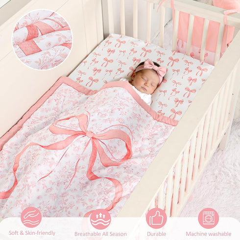 Set 4 Sets, Set Set, Crib Bedding for Baby Girls and Boys, Piece Infant Nursery Bedding Baby Comforter for Crib, Pink