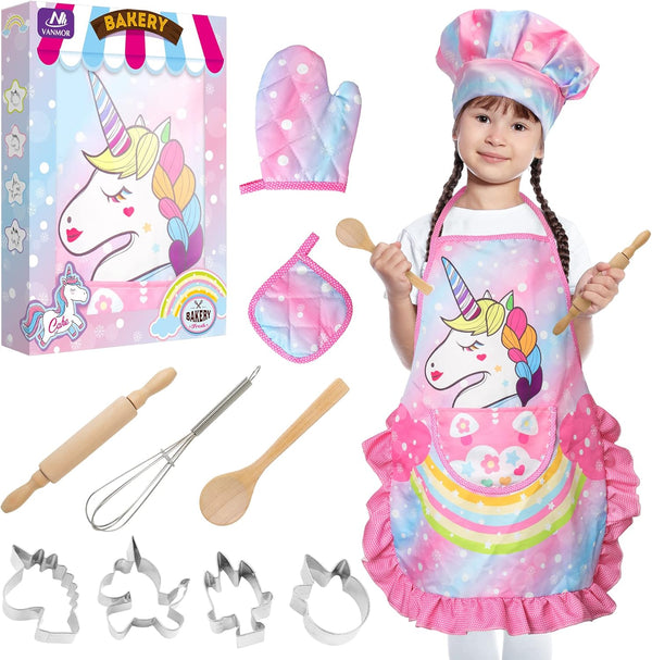 Vanmor Unicorn Kids Cooking and Baking Sets, 11Pcs Kids Aprons for Girls,
