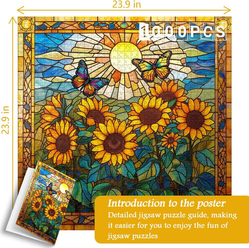 PICKFORU Stained Glass 1000 Piece Puzzles for Adults, Sunflowers and Butterfly Flower Home Decor