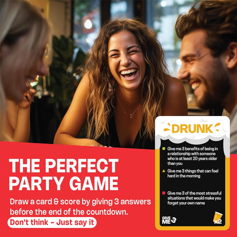 GIVE ME 3 Drinking Game - Fast Paced Hilarious Adult Drinking Games for 2+ Players, 10 Second Rule Card Game