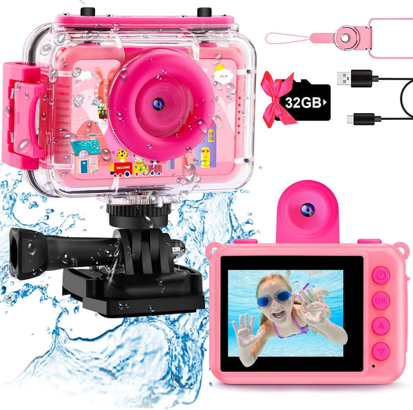 GKTZ Kids Waterproof Camera - Underwater Digital Action Camera Birthday Gifts for Girls Boys with 32GB SD Card, Pool