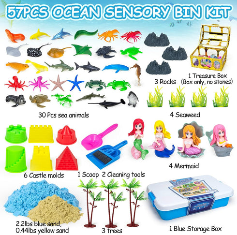 57Pcs 3-5 6 7 8 Sensory Bin, Ocean Mermaid Sensory Bins for Toddlers Sand Art Kit Sea Animals Molds Sandbox with Cover