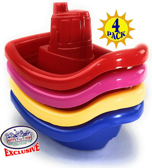 (11") Set 4 Pack Matty's Toy Stop Plastic Nesting/Stacking Tug Boats Red, Blue, Pink & Yellow Gift Bundle, Perfect