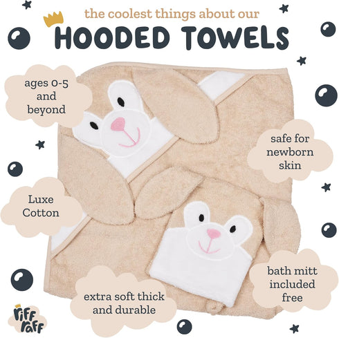 Set Riff Raff Friendly Bunny Hooded Towel - Premium Cotton Baby Towel with Mitt - Ultra Soft Machine Washable Cartoon